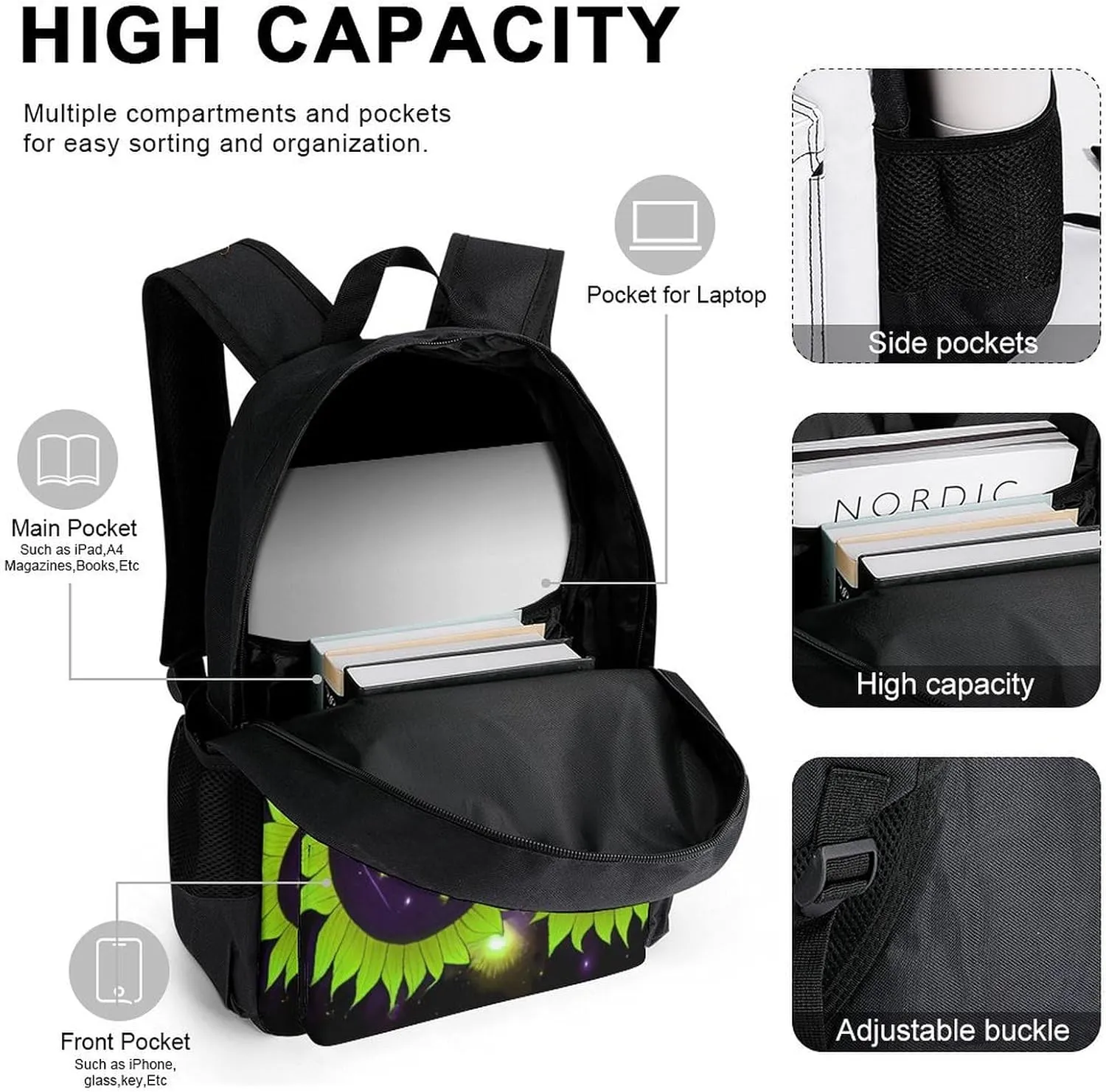 3 Piece College Daypack, Large Capacity Daypack for Gym Travel Running, Space Sunflowers Art Travel Hiking Backpack for Adults