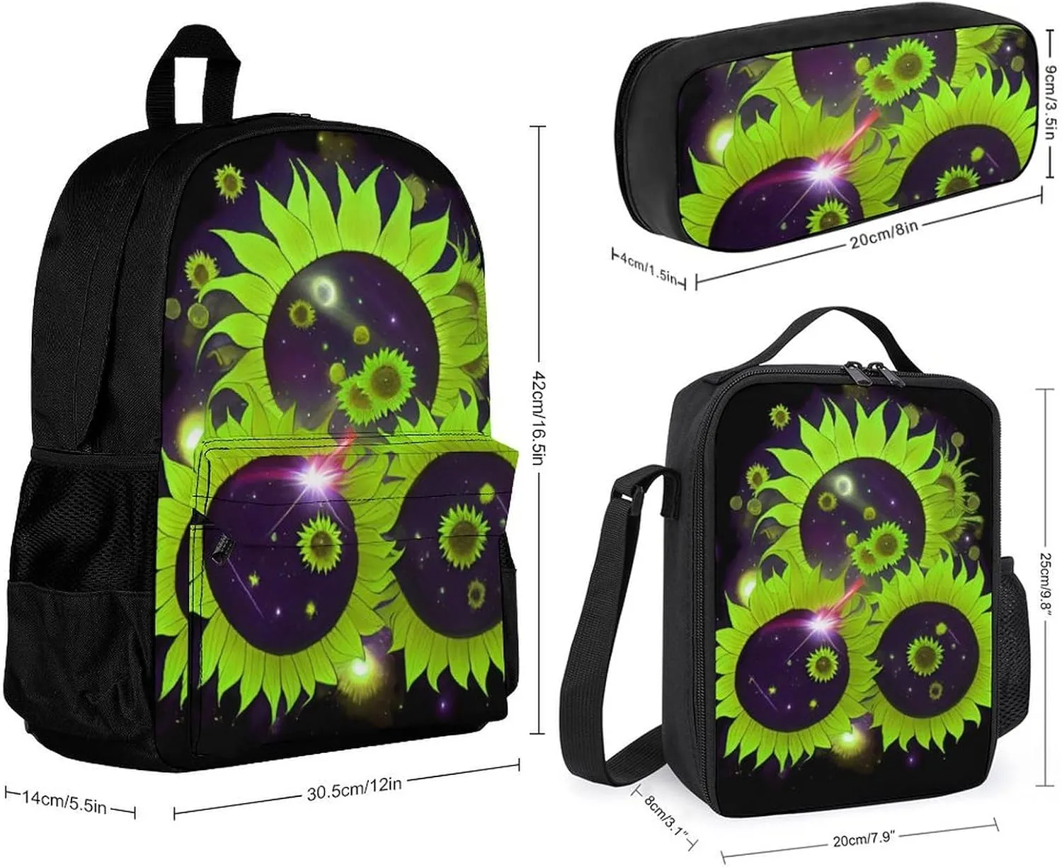 3 Piece College Daypack, Large Capacity Daypack for Gym Travel Running, Space Sunflowers Art Travel Hiking Backpack for Adults