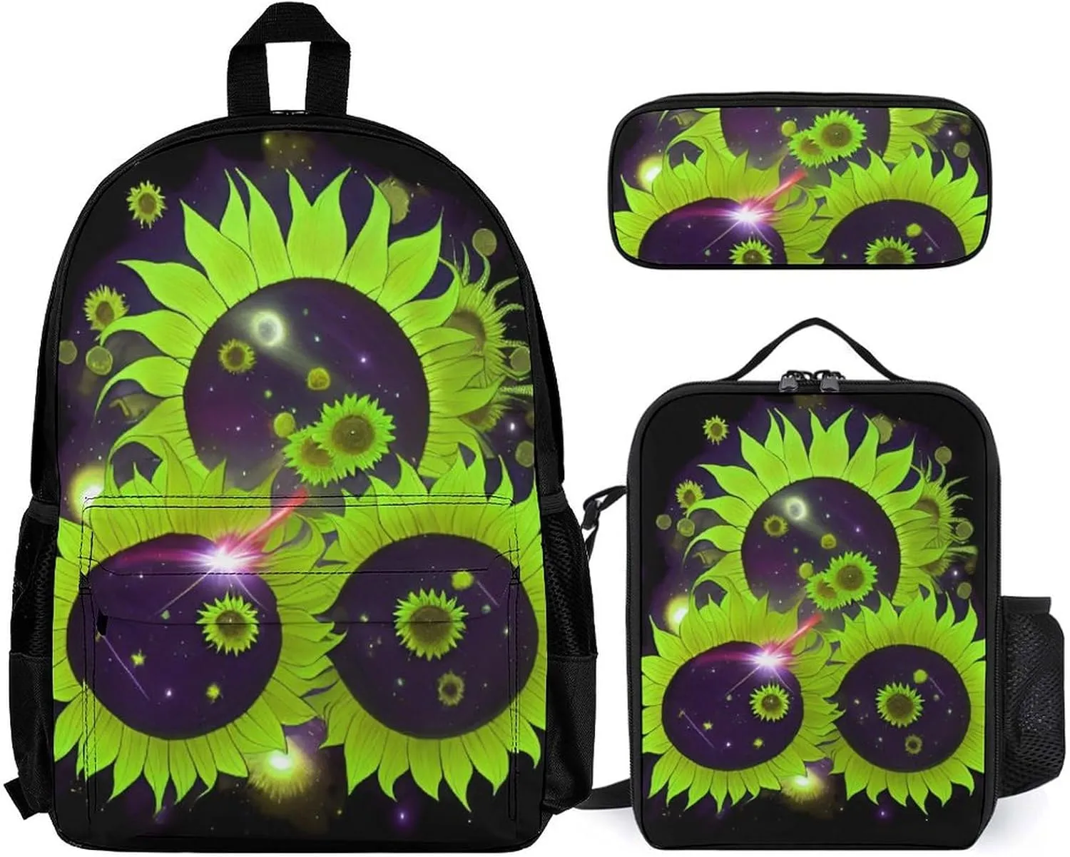 3 Piece College Daypack, Large Capacity Daypack for Gym Travel Running, Space Sunflowers Art Travel Hiking Backpack for Adults