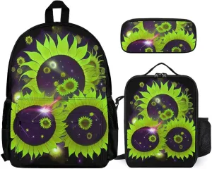 3 Piece College Daypack, Large Capacity Daypack for Gym Travel Running, Space Sunflowers Art Travel Hiking Backpack for Adults