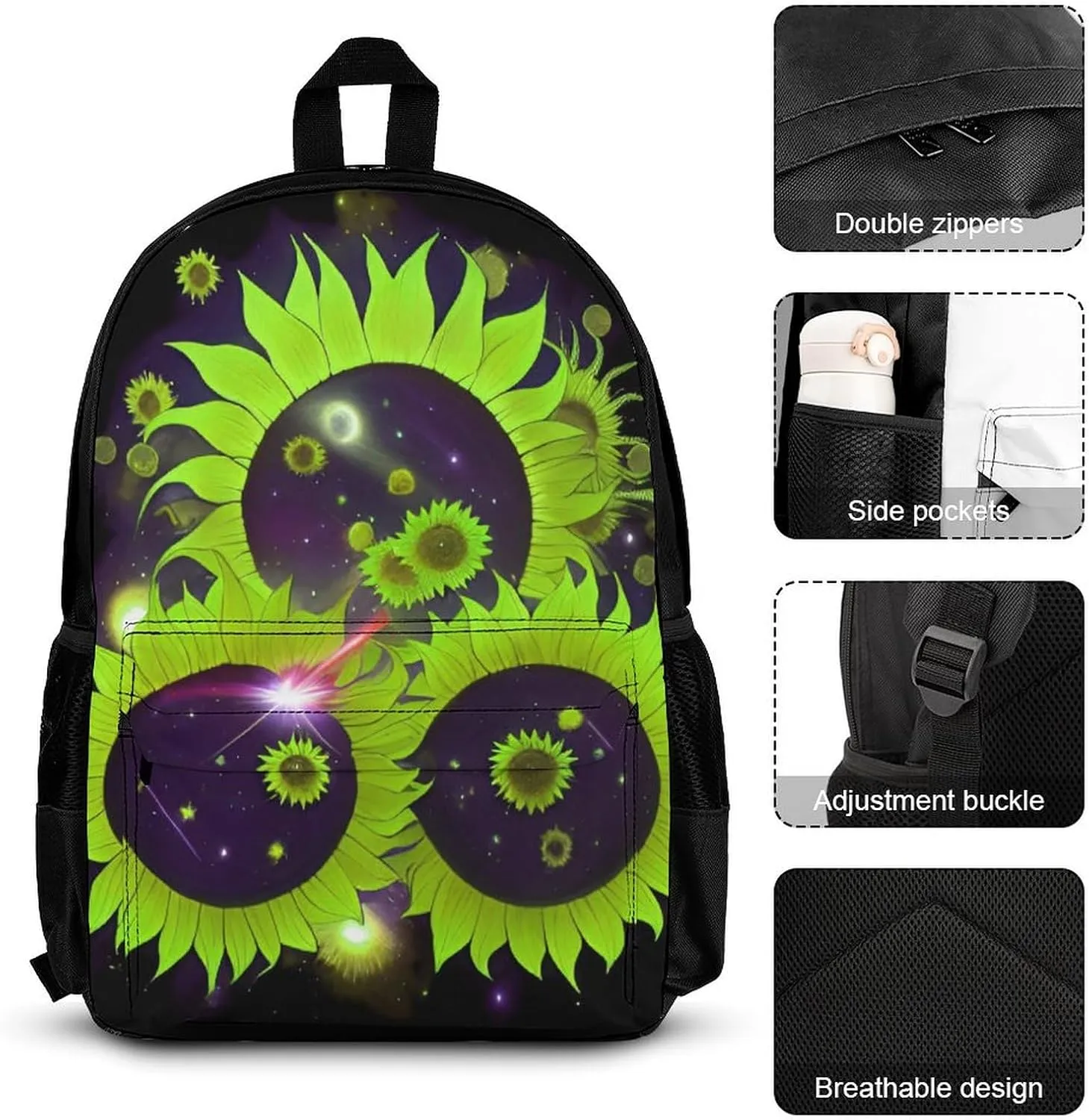 3 Piece College Daypack, Large Capacity Daypack for Gym Travel Running, Space Sunflowers Art Travel Hiking Backpack for Adults