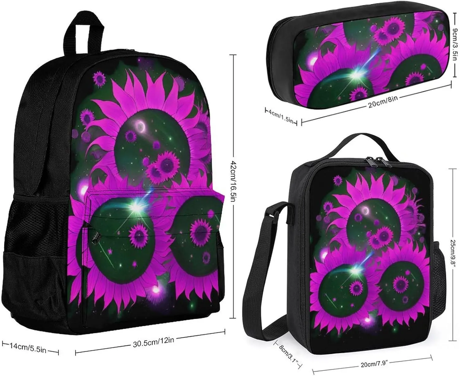3 Piece Daypack Space Sunflowers Art Travel Hiking Daypack - Big Capacity Business Multipurpose Carry On Bag for Adults