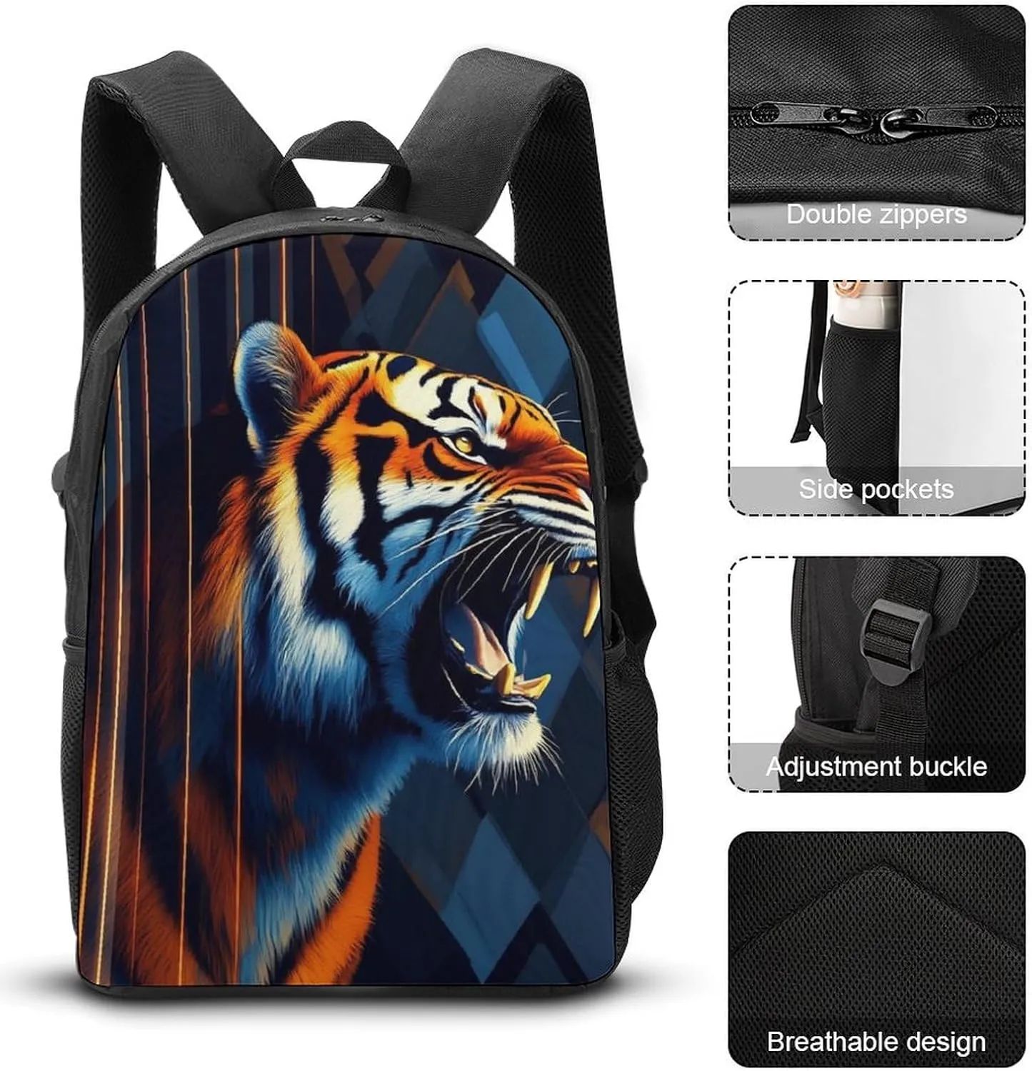 3 Pieces Backpack with Lunchbox Meal Bag Pencil Pouch Angry Tiger Animal Magic Art 17 Inch Travel Daypack Insulated Lunch Bag Pen Holder Case