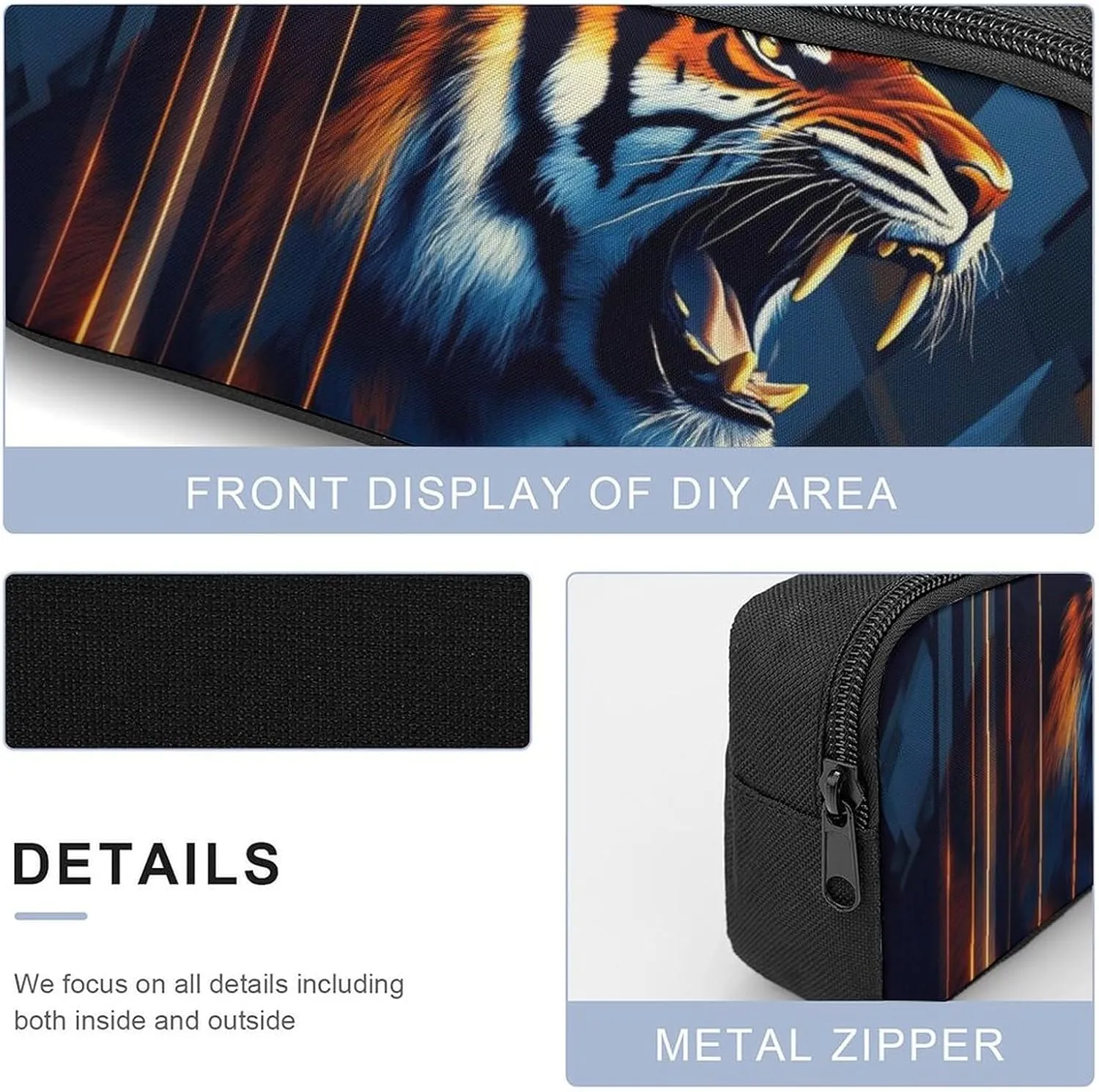 3 Pieces Backpack with Lunchbox Meal Bag Pencil Pouch Angry Tiger Animal Magic Art 17 Inch Travel Daypack Insulated Lunch Bag Pen Holder Case