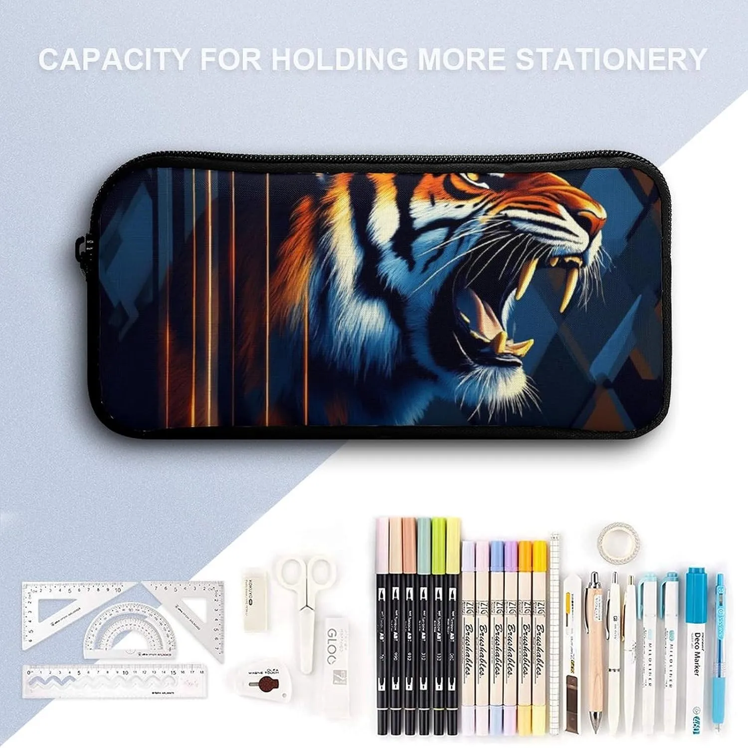 3 Pieces Backpack with Lunchbox Meal Bag Pencil Pouch Angry Tiger Animal Magic Art 17 Inch Travel Daypack Insulated Lunch Bag Pen Holder Case