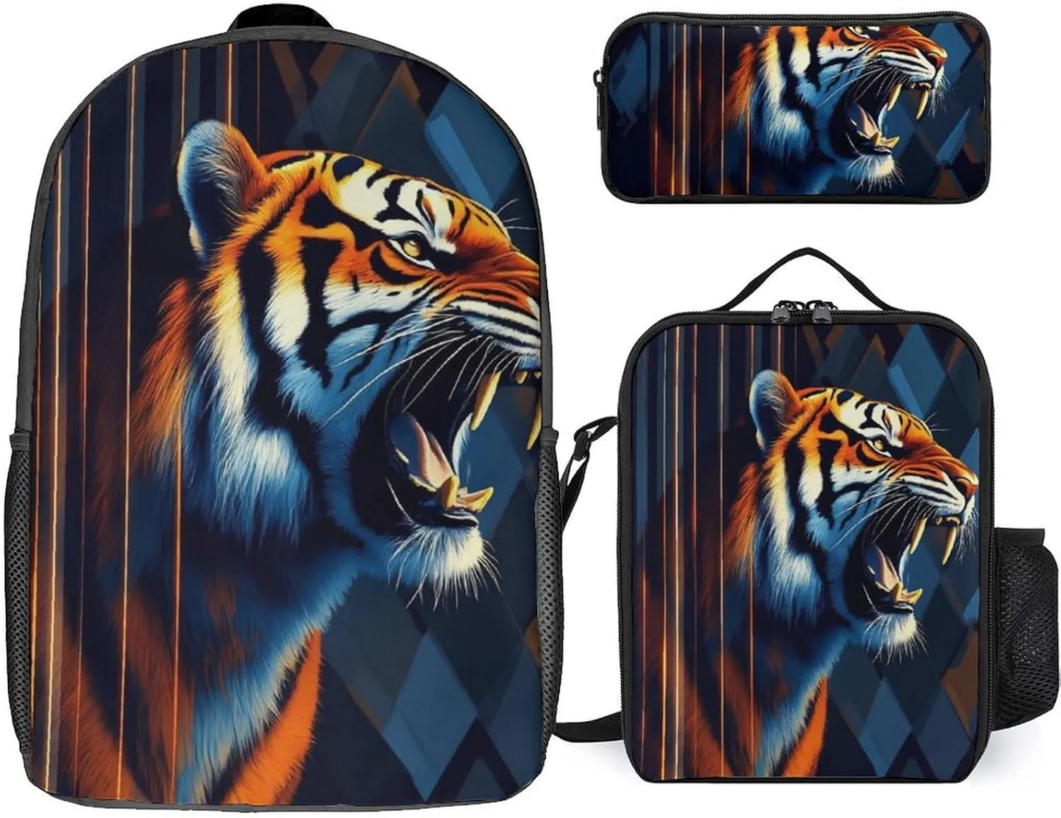 3 Pieces Backpack with Lunchbox Meal Bag Pencil Pouch Angry Tiger Animal Magic Art 17 Inch Travel Daypack Insulated Lunch Bag Pen Holder Case