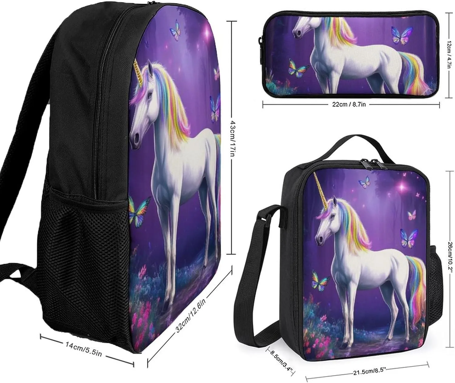 3 Pieces Backpack with Lunchbox Meal Bag Pencil Pouch Magical Rainbow Unicorns Butterfly Art 17 Inch Travel Daypack Insulated Lunch Bag Pen Holder Case