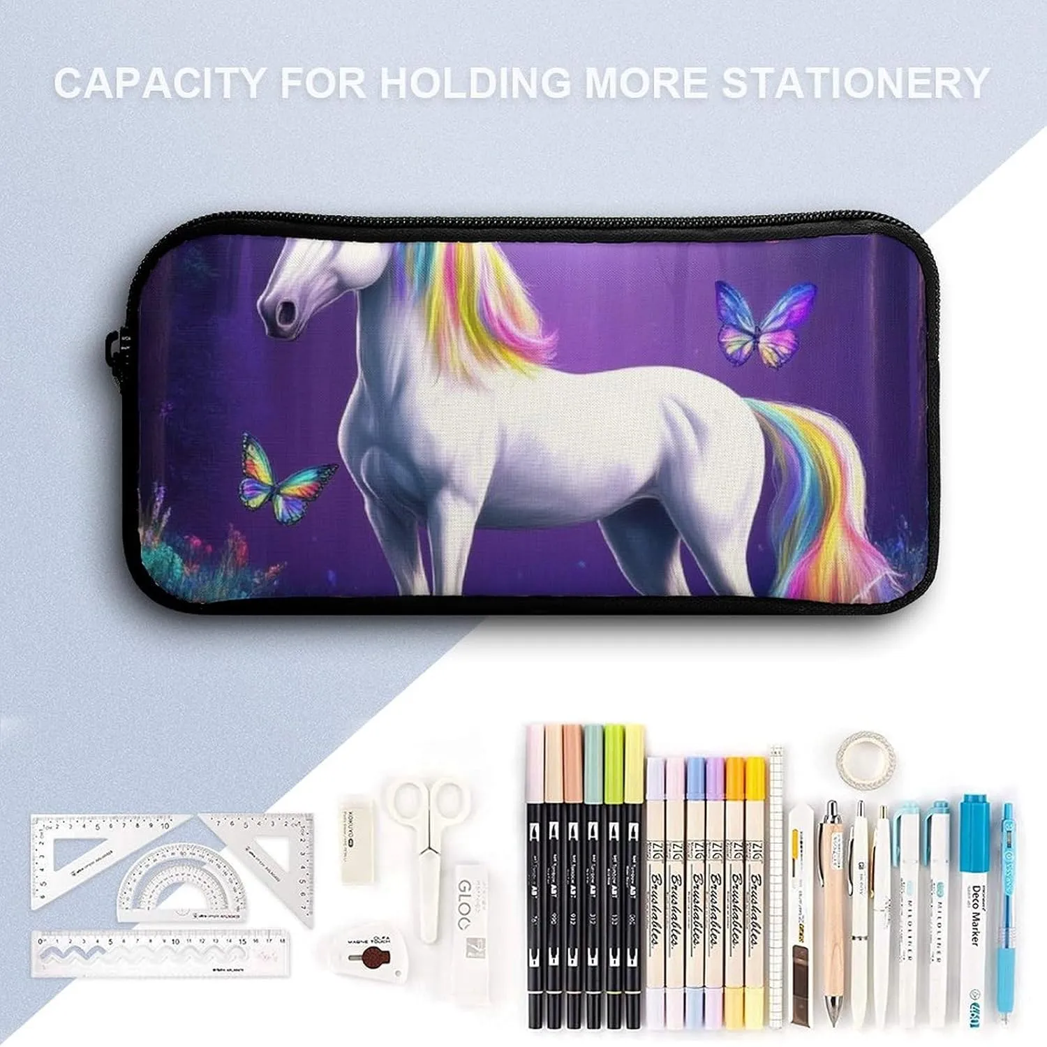 3 Pieces Backpack with Lunchbox Meal Bag Pencil Pouch Magical Rainbow Unicorns Butterfly Art 17 Inch Travel Daypack Insulated Lunch Bag Pen Holder Case