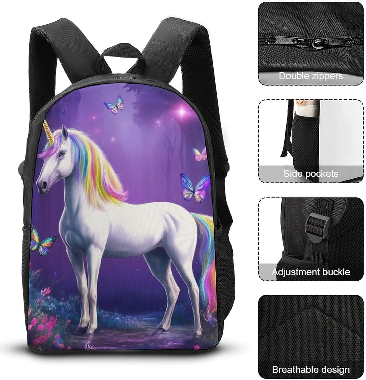 3 Pieces Backpack with Lunchbox Meal Bag Pencil Pouch Magical Rainbow Unicorns Butterfly Art 17 Inch Travel Daypack Insulated Lunch Bag Pen Holder Case