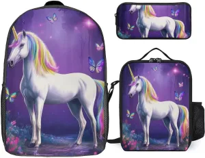 3 Pieces Backpack with Lunchbox Meal Bag Pencil Pouch Magical Rainbow Unicorns Butterfly Art 17 Inch Travel Daypack Insulated Lunch Bag Pen Holder Case