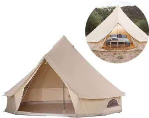 3/4/5/6m Camping Bell Tent 4-Season Family Tent Outdoor Hiking Hunting Yurt Tent with Zipped Groundsheet and Chimney (Khaki /9.84ft) (Khaki 4m/13.1ft)
