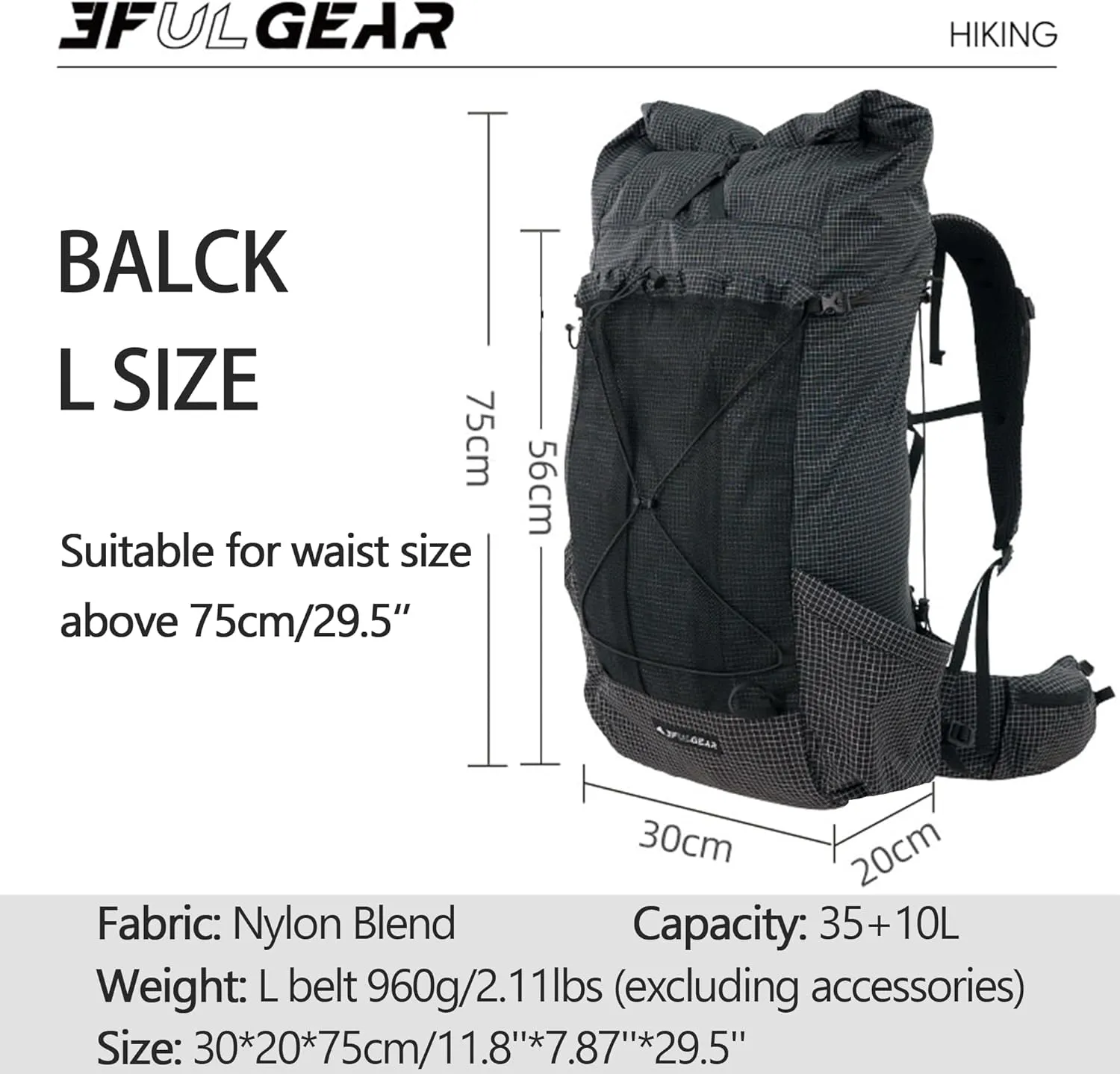 3F UL GEAR 35 10L Hiking Backpack, Outdoor Sport Travel Daypack for Men & Women, Lightweight Hiking Backpack for Hiking (Black, L)