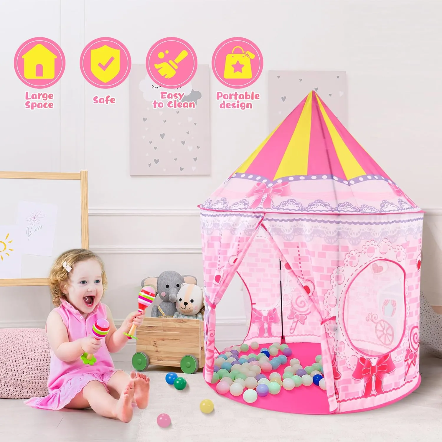 3pc Princess Fairy Tale Kids Play Tent, Oval Crawl Tunnel, Ball Pit for Toddlers, Indoor Outdoor Playhouse Castle Toys, Baby Boys Girls for 3 4 5 6 7 Years Old (Balls Not Included)