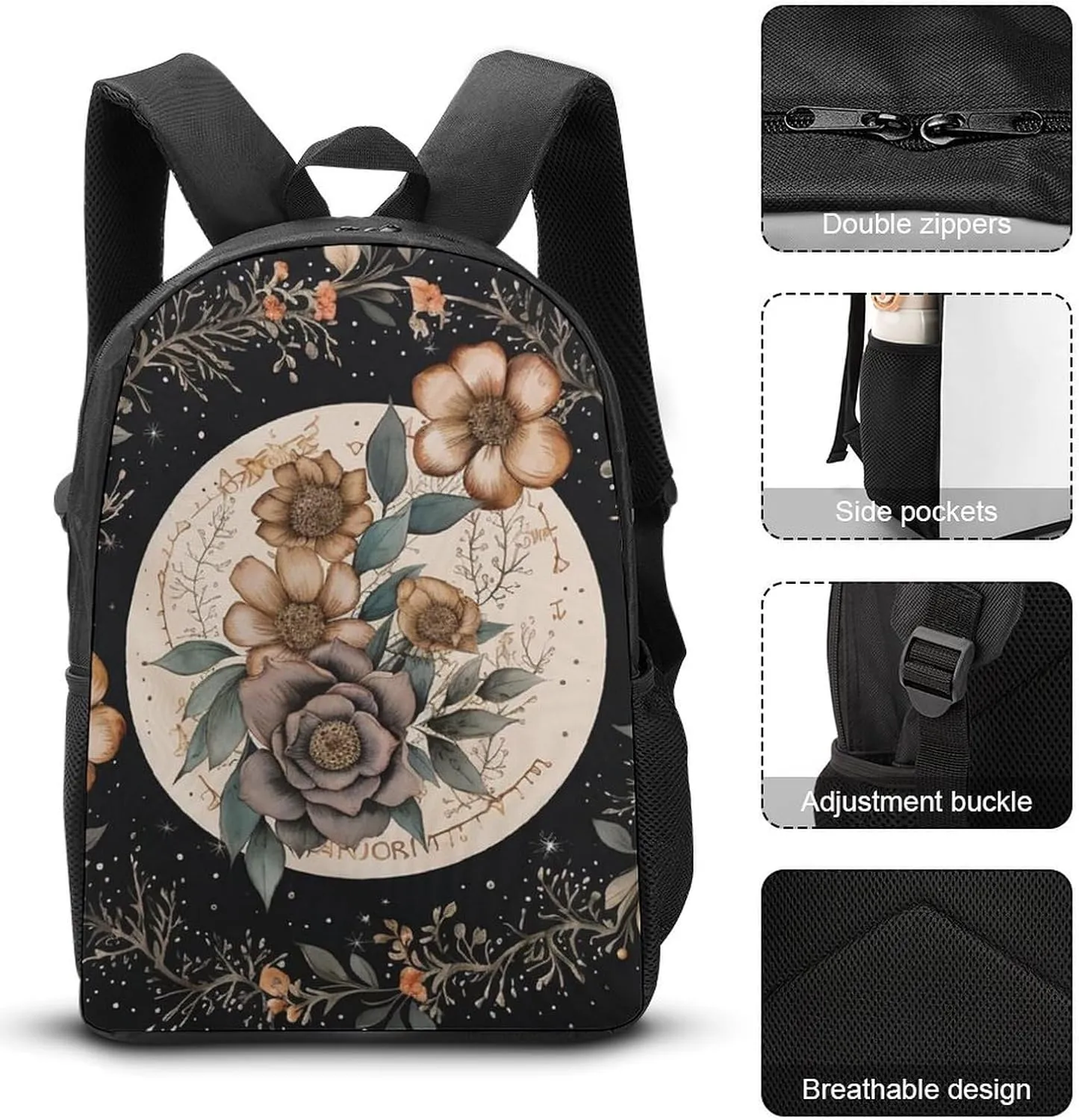 3PCS Astrology Plant Moon Phase Flower Backpack Set, 17 Inch Backpack with Portable Lunch Bag And Pencil Case for Work/Picnic/Travel