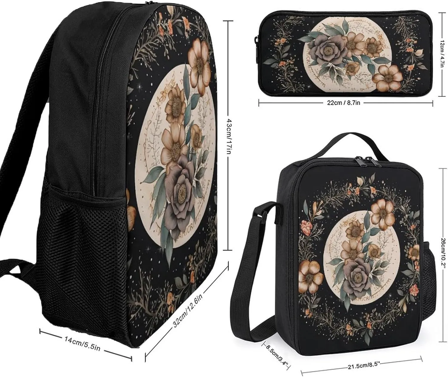 3PCS Astrology Plant Moon Phase Flower Backpack Set, 17 Inch Backpack with Portable Lunch Bag And Pencil Case for Work/Picnic/Travel