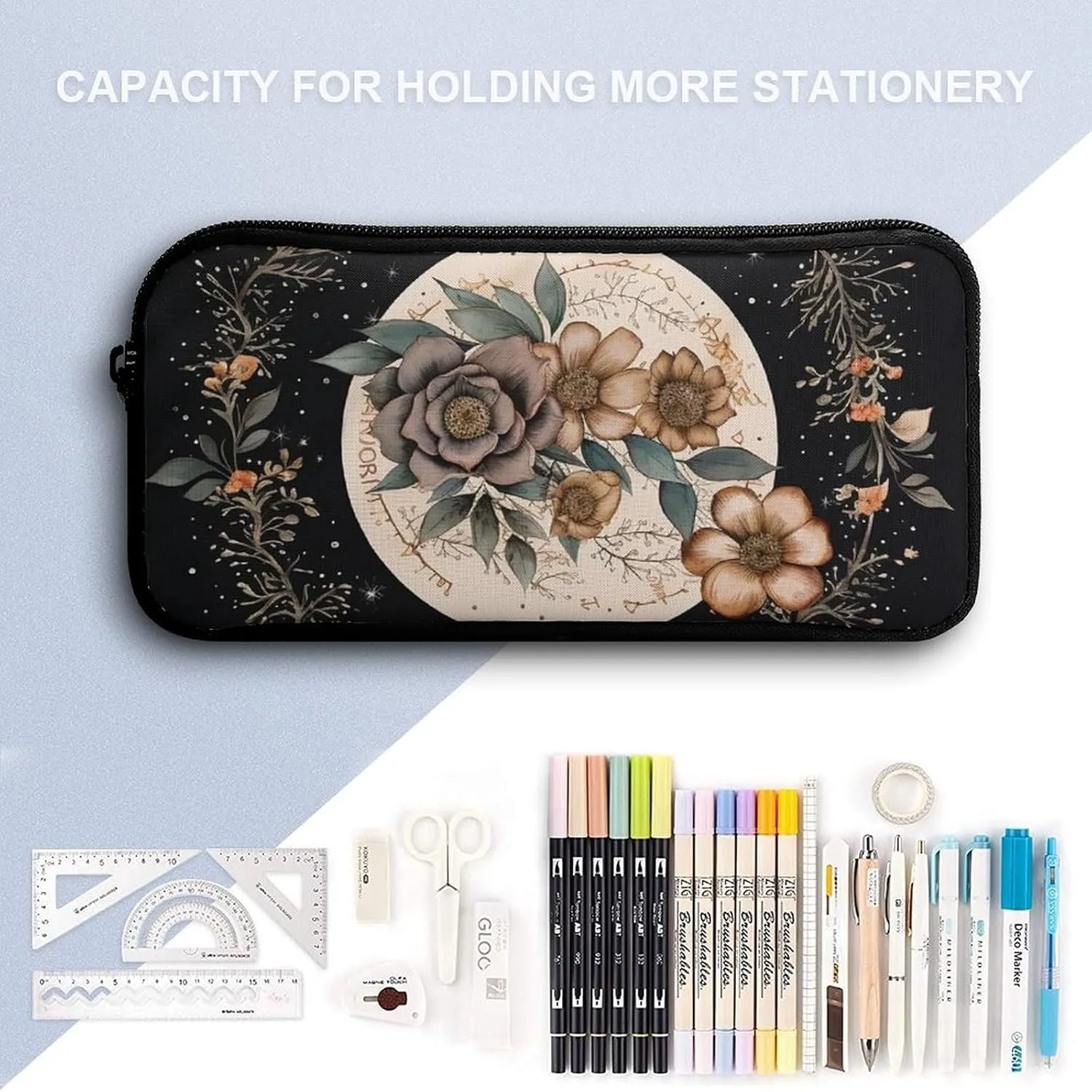 3PCS Astrology Plant Moon Phase Flower Backpack Set, 17 Inch Backpack with Portable Lunch Bag And Pencil Case for Work/Picnic/Travel