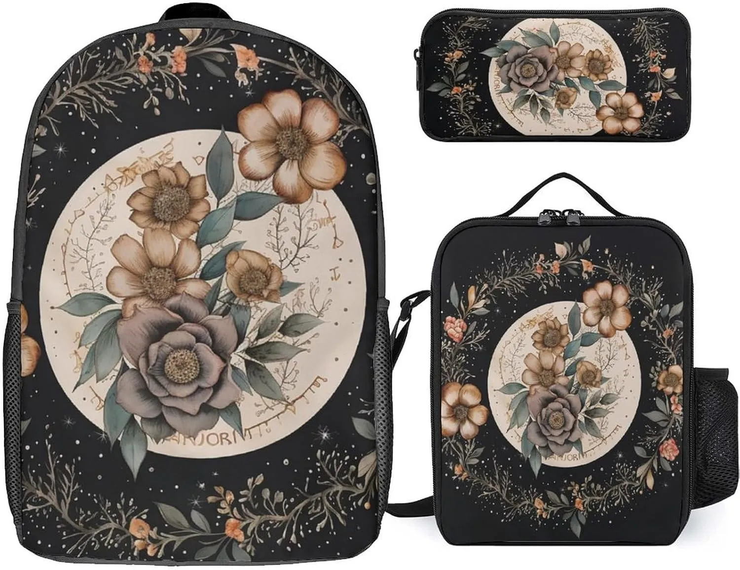3PCS Astrology Plant Moon Phase Flower Backpack Set, 17 Inch Backpack with Portable Lunch Bag And Pencil Case for Work/Picnic/Travel