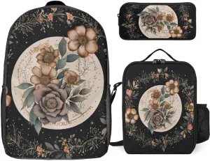3PCS Astrology Plant Moon Phase Flower Backpack Set, 17 Inch Backpack with Portable Lunch Bag And Pencil Case for Work/Picnic/Travel