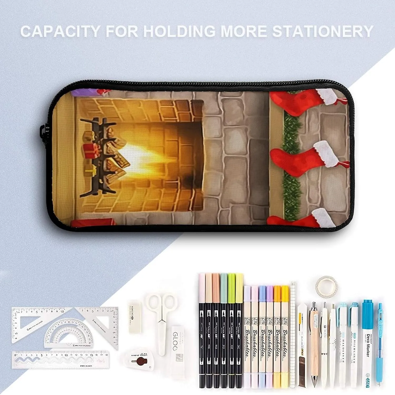 3PCS Colorful Xmas Tree Fireplace Backpack Set, 17 Inch Backpack with Portable Lunch Bag And Pencil Case for Work/Picnic/Travel