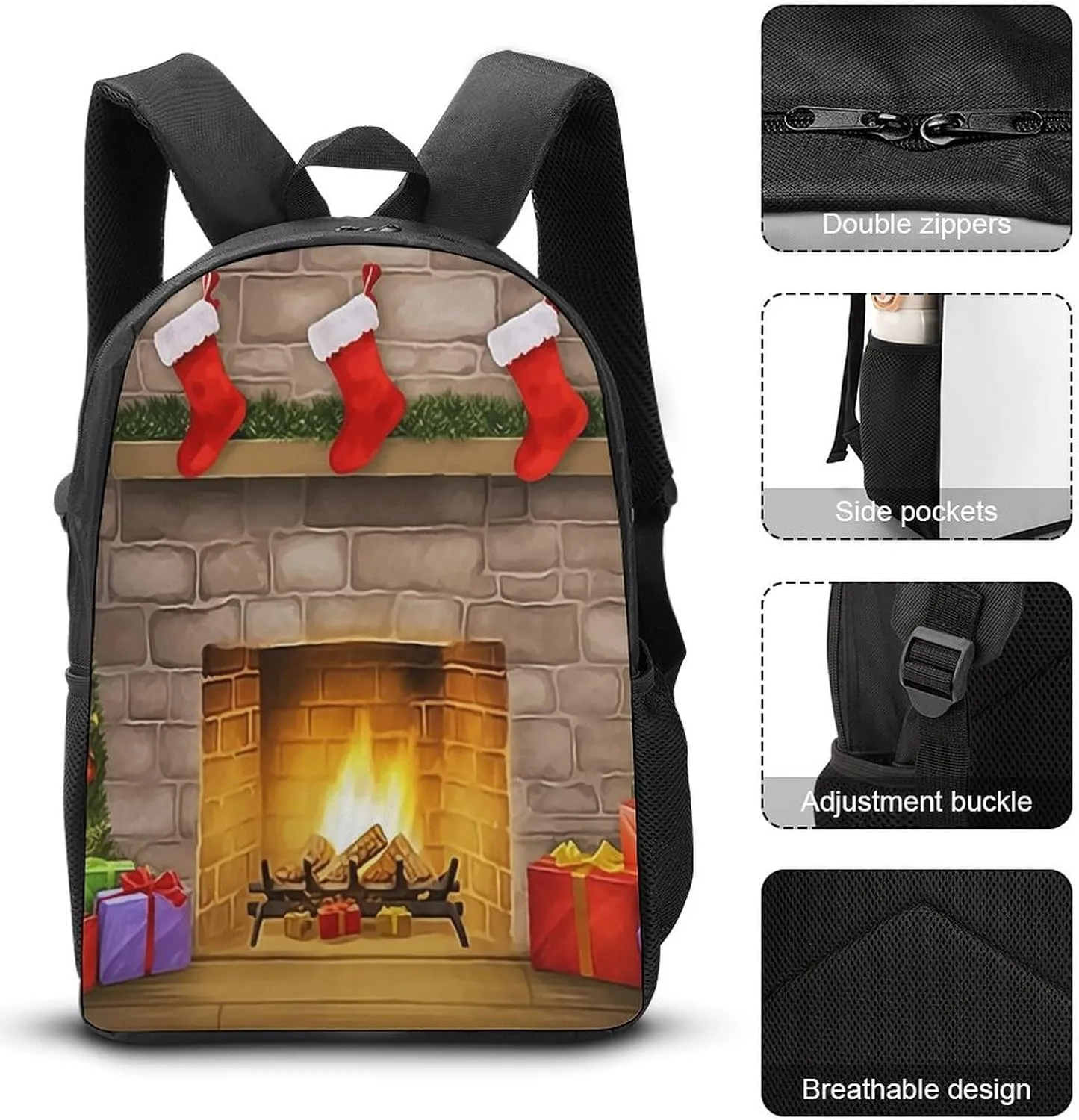 3PCS Colorful Xmas Tree Fireplace Backpack Set, 17 Inch Backpack with Portable Lunch Bag And Pencil Case for Work/Picnic/Travel