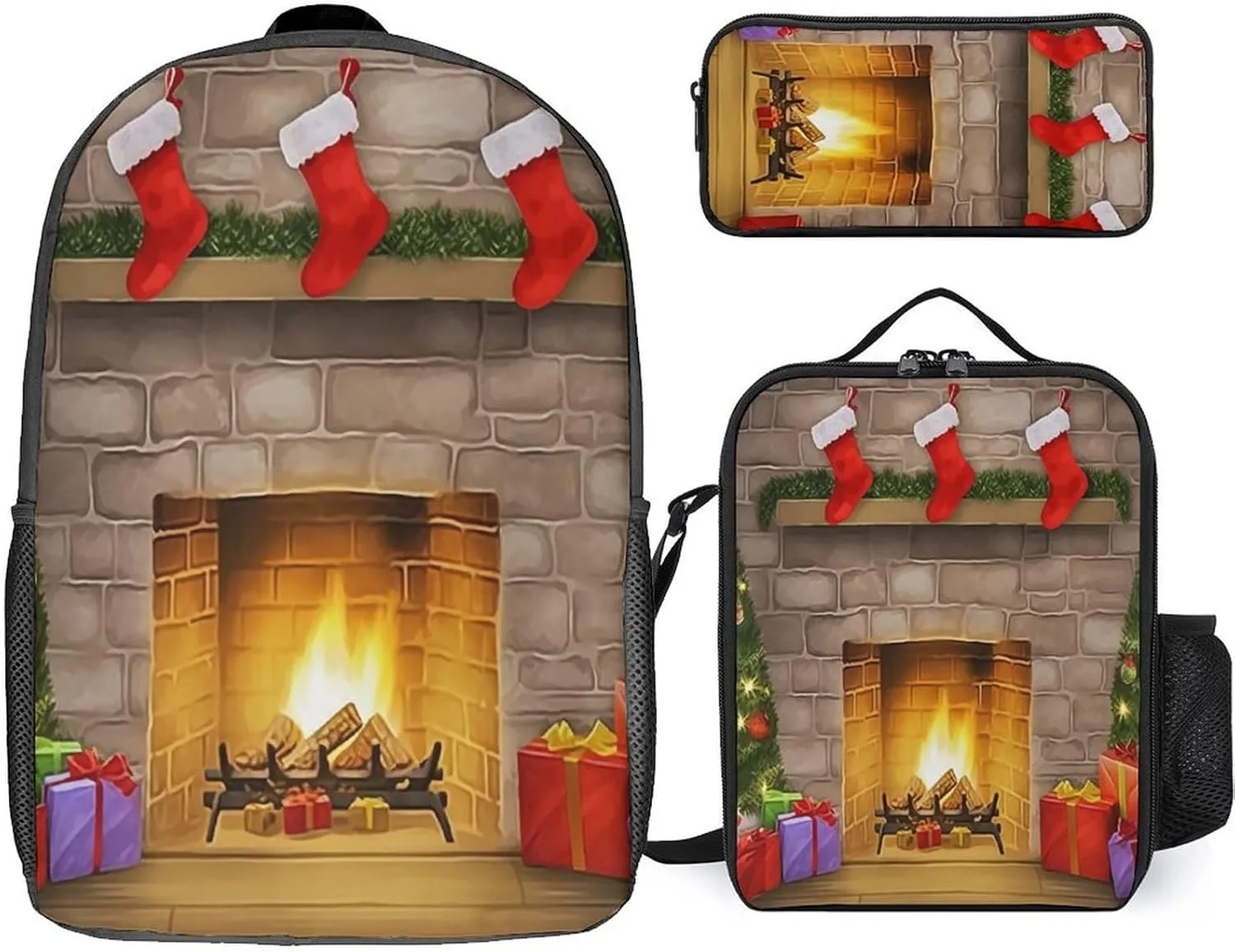 3PCS Colorful Xmas Tree Fireplace Backpack Set, 17 Inch Backpack with Portable Lunch Bag And Pencil Case for Work/Picnic/Travel