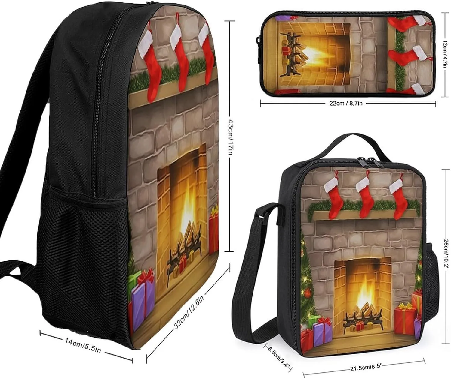 3PCS Colorful Xmas Tree Fireplace Backpack Set, 17 Inch Backpack with Portable Lunch Bag And Pencil Case for Work/Picnic/Travel