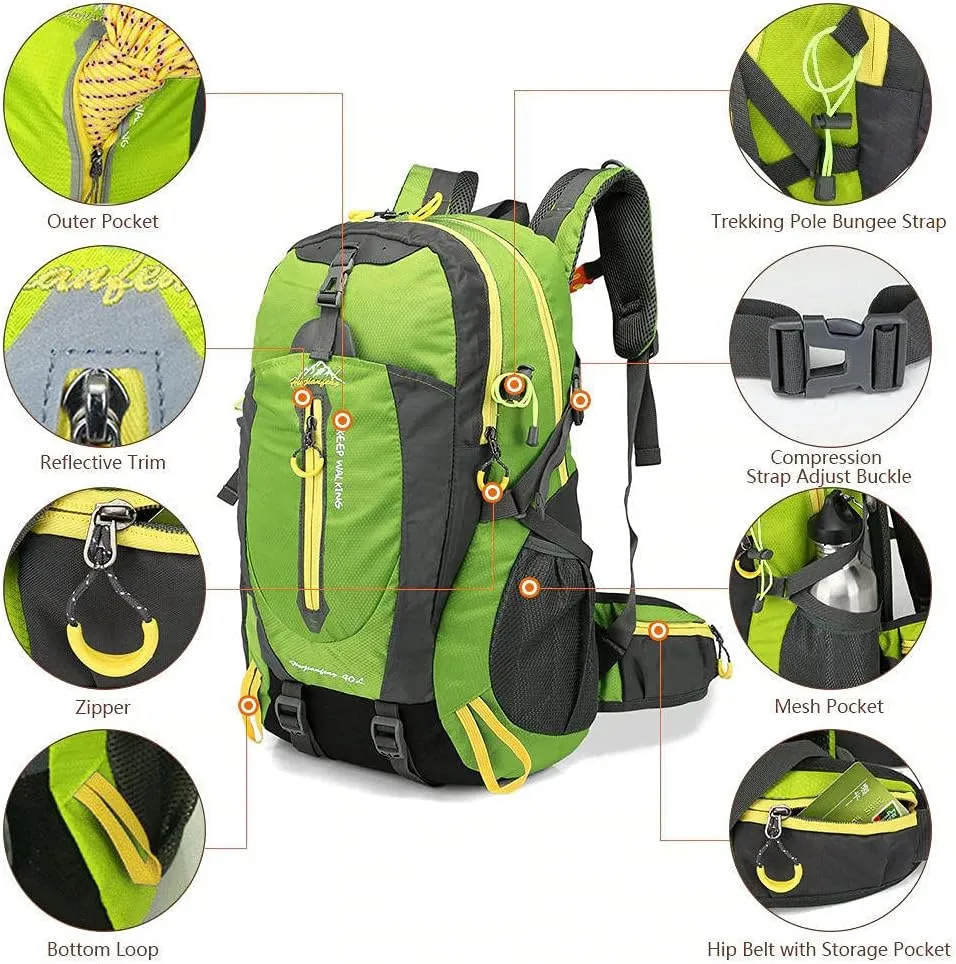 40L Waterproof Climbing Rucksack Travel Hiking Backpack Laptop Daypack Trekking Backpack Outdoor Men Women Sport Bag-Army Green