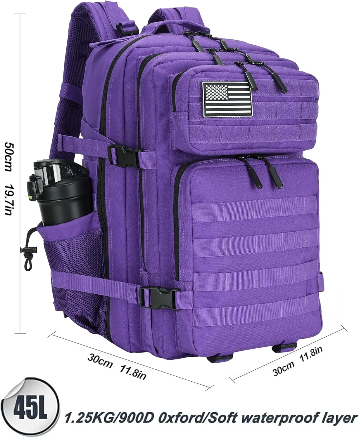 45L Tactical Assault Backpack 3 day assault pack with Molle Waterproof backpack Rucksack for Tactical Backpacks (Purple)