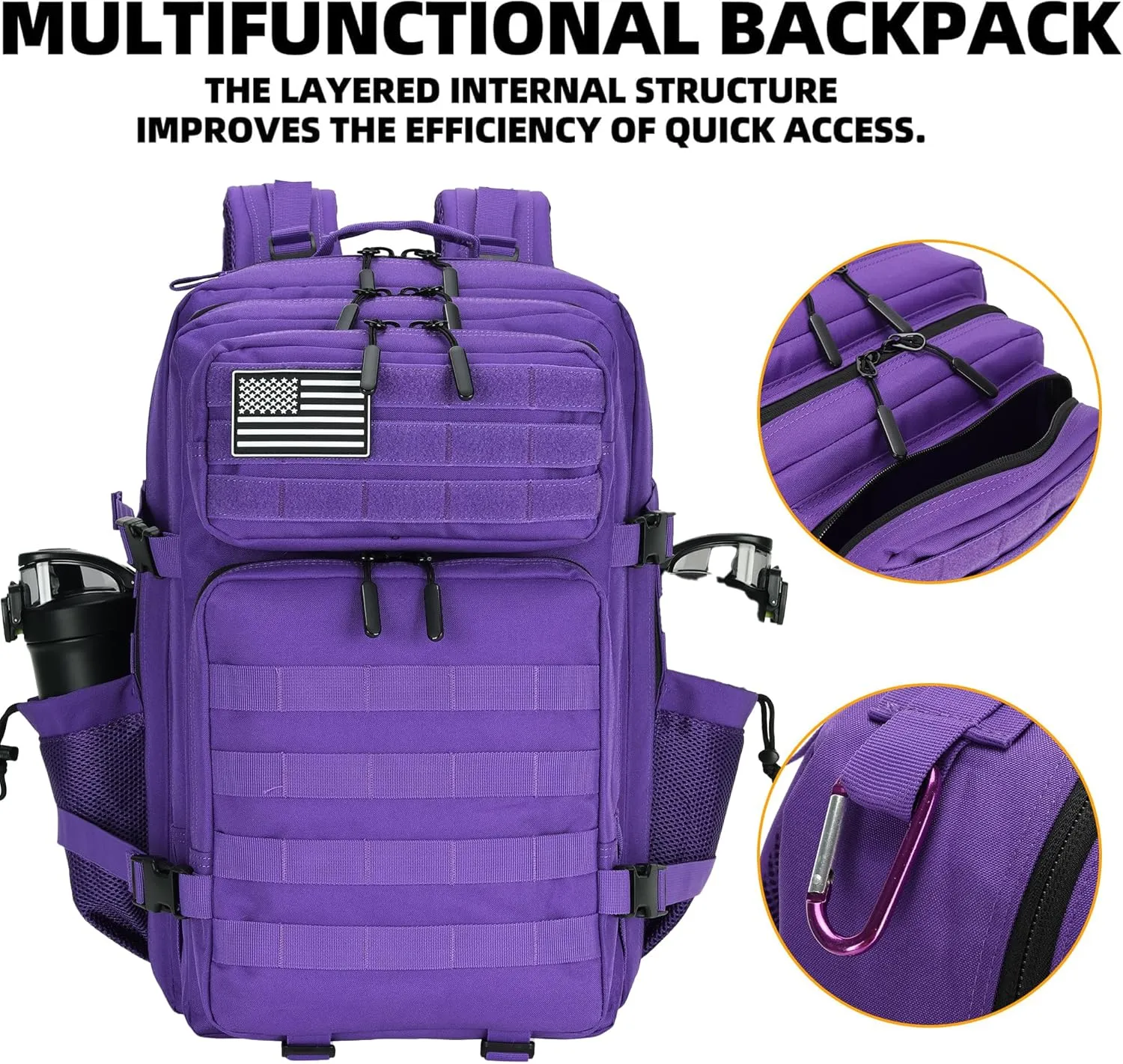 45L Tactical Assault Backpack 3 day assault pack with Molle Waterproof backpack Rucksack for Tactical Backpacks (Purple)