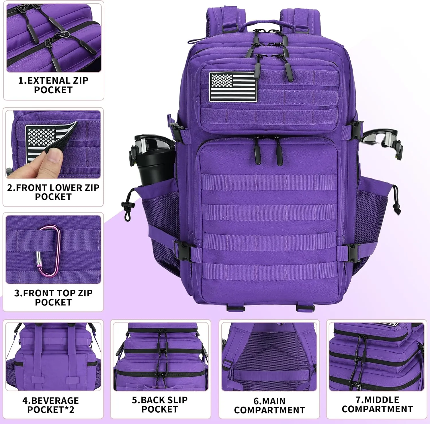 45L Tactical Assault Backpack 3 day assault pack with Molle Waterproof backpack Rucksack for Tactical Backpacks (Purple)