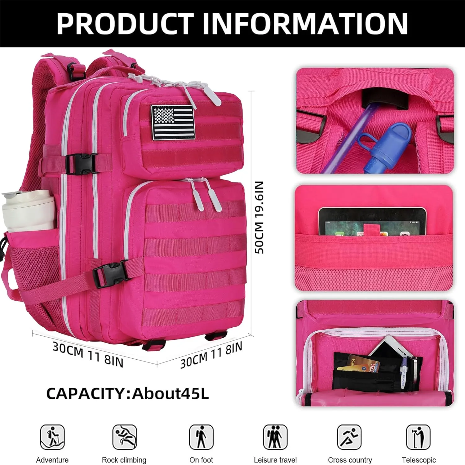 45L Tactical Assault Backpack 3 day assault pack with Molle Waterproof backpack Rucksack for Tactical Backpacks (Rose Red)