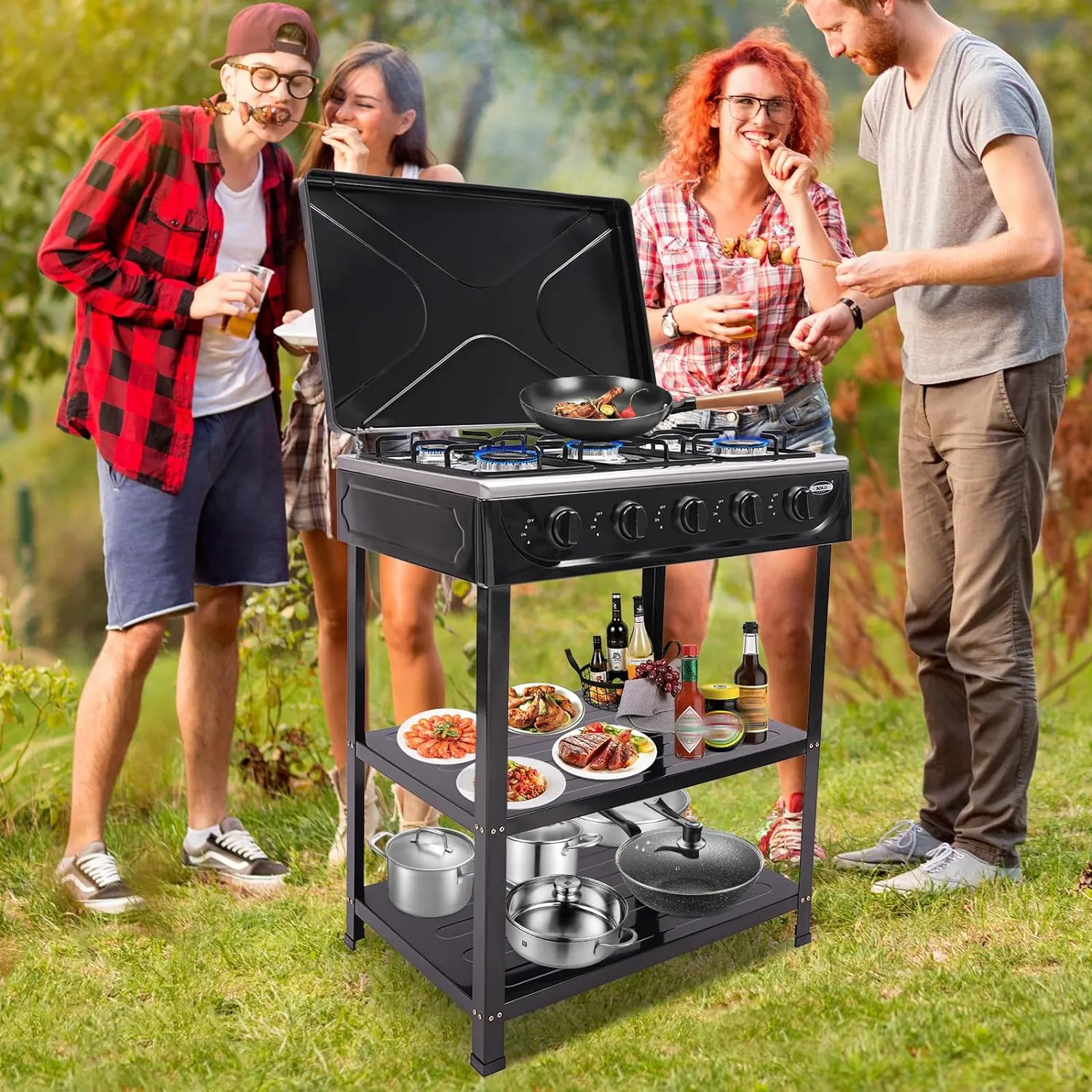 5 Burner Natural Gas Portable Camping Stove with Removable Storage Stand, Gas Burners Stove Outdoor Camp Grill Stove for Picnic Home Rv Apartment Outdoor Cooking (Black, 12.5KW)