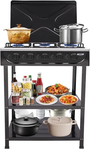 5 Burner Natural Gas Portable Camping Stove with Removable Storage Stand, Gas Burners Stove Outdoor Camp Grill Stove for Picnic Home Rv Apartment Outdoor Cooking (Black, 12.5KW)