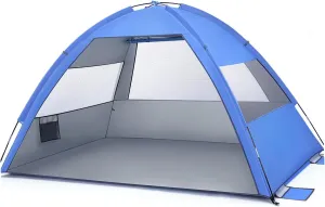 659C Folding Beach Tent: Anti-UV Navy Polyester Family Camping Shelter with Ventilated Windows, Sandbags, and Easy Assembly for Hiking, Vacation, or Sun Bathing