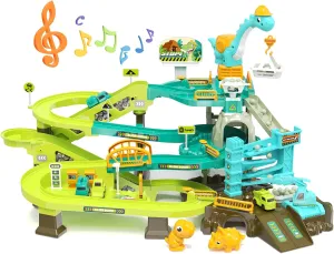 66PCS Dinosaur Engineering Adventure Track Set for Kids 3 ,Electric Climbing Ladder Rotating Crane, Interactive Construction Playset with Music, 4 Mini Cars & 2 Dinosaur Figures, Ideal Gift