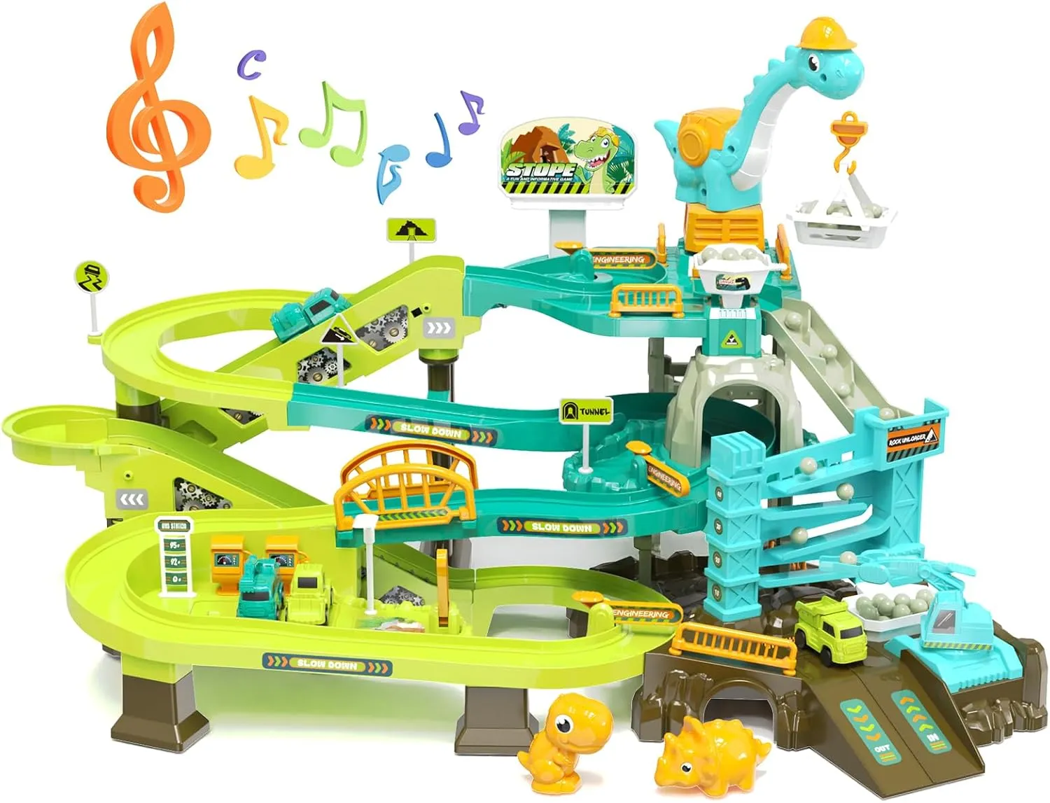 66PCS Dinosaur Engineering Adventure Track Set for Kids 3 ,Electric Climbing Ladder Rotating Crane, Interactive Construction Playset with Music, 4 Mini Cars & 2 Dinosaur Figures, Ideal Gift