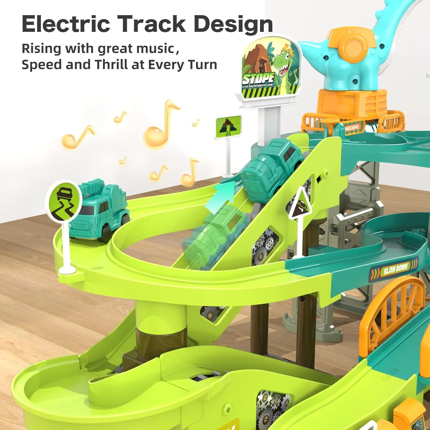 66PCS Dinosaur Engineering Adventure Track Set for Kids 3 ,Electric Climbing Ladder Rotating Crane, Interactive Construction Playset with Music, 4 Mini Cars & 2 Dinosaur Figures, Ideal Gift