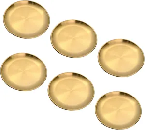 6Pcs Round Gold Stainless Steel Dinner Plates Food Grade Metal Serving Dishes for Steak Cake and Fruits Easy to Clean for Outdoor Use