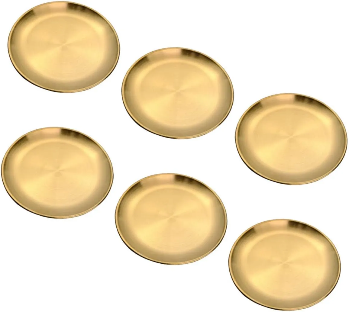 6Pcs Round Gold Stainless Steel Dinner Plates Food Grade Metal Serving Dishes for Steak Cake and Fruits Easy to Clean for Outdoor Use