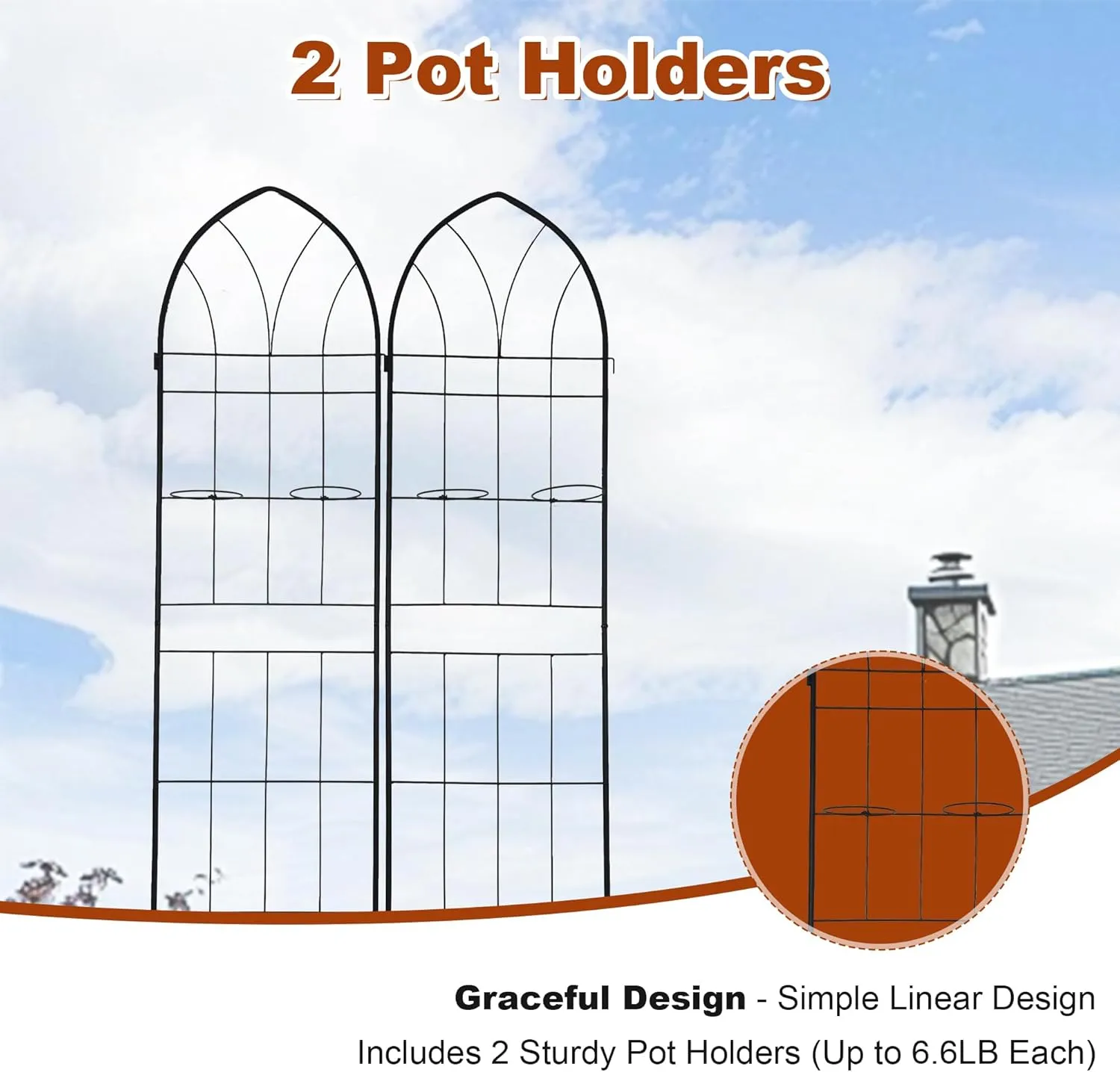 79 x 20 Inch Garden Trellis, 2 Pack Metal Trellis for Climbing Plants Outdoor, Rustproof Plant Supports with 2 Built-in Pot Holders for Outdoor Plants, Roses, Vines, Flowers, Black