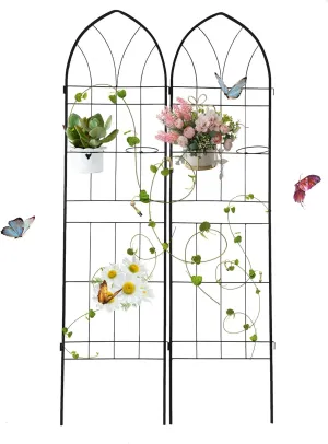 79 x 20 Inch Garden Trellis, 2 Pack Metal Trellis for Climbing Plants Outdoor, Rustproof Plant Supports with 2 Built-in Pot Holders for Outdoor Plants, Roses, Vines, Flowers, Black