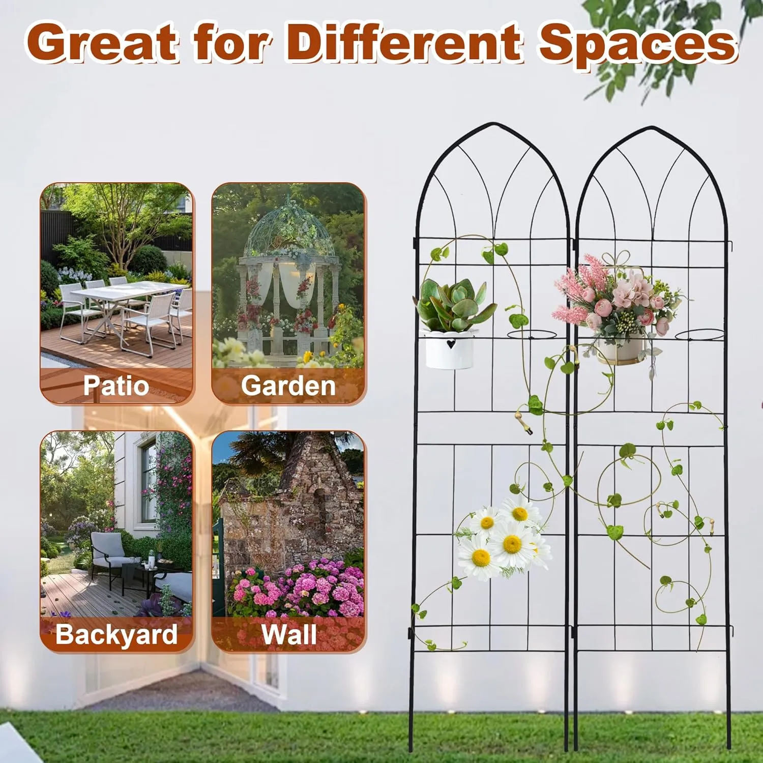 79 x 20 Inch Garden Trellis, 2 Pack Metal Trellis for Climbing Plants Outdoor, Rustproof Plant Supports with 2 Built-in Pot Holders for Outdoor Plants, Roses, Vines, Flowers, Black