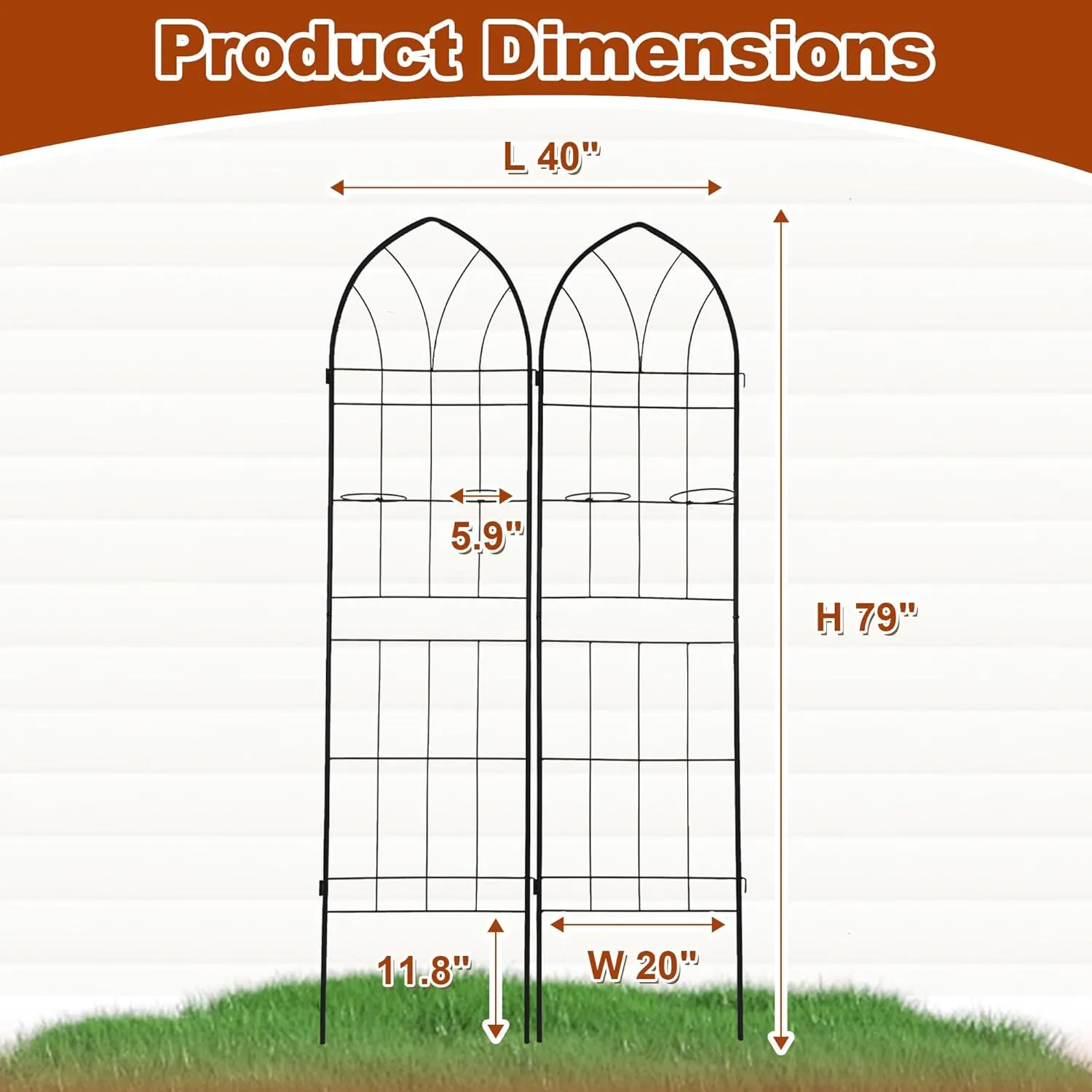 79 x 20 Inch Garden Trellis, 2 Pack Metal Trellis for Climbing Plants Outdoor, Rustproof Plant Supports with 2 Built-in Pot Holders for Outdoor Plants, Roses, Vines, Flowers, Black
