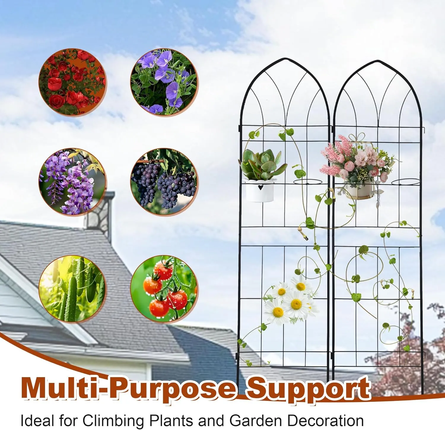 79 x 20 Inch Garden Trellis, 2 Pack Metal Trellis for Climbing Plants Outdoor, Rustproof Plant Supports with 2 Built-in Pot Holders for Outdoor Plants, Roses, Vines, Flowers, Black