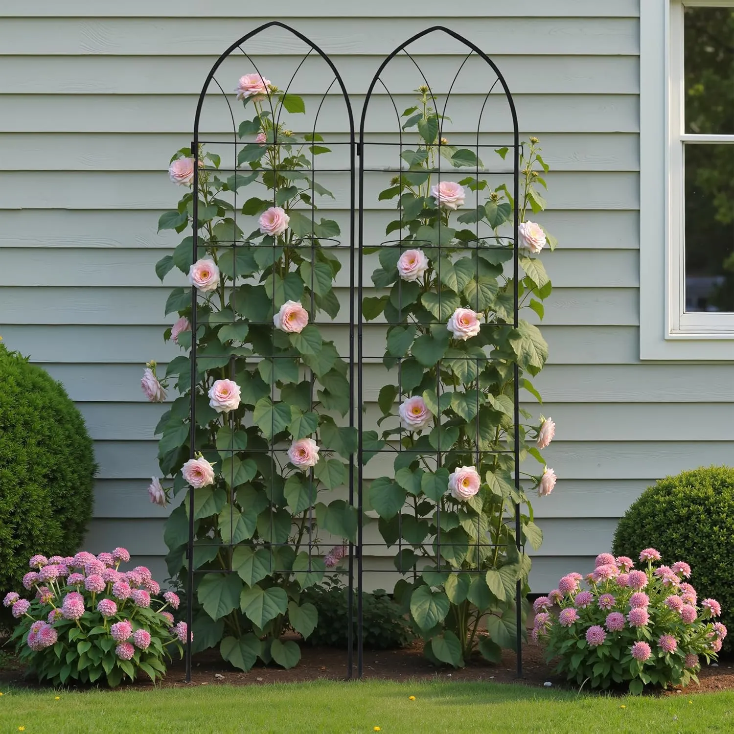79 x 20 Inch Garden Trellis, 2 Pack Metal Trellis for Climbing Plants Outdoor, Rustproof Plant Supports with 2 Built-in Pot Holders for Outdoor Plants, Roses, Vines, Flowers, Black