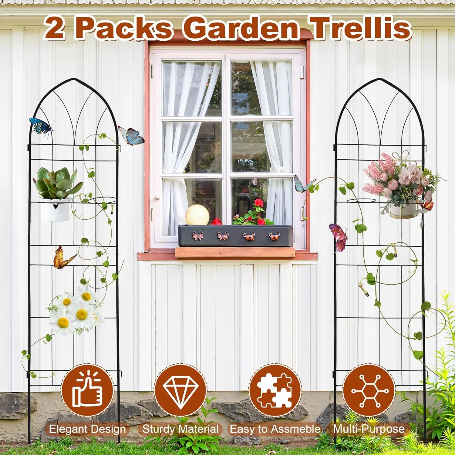 79 x 20 Inch Garden Trellis, 2 Pack Metal Trellis for Climbing Plants Outdoor, Rustproof Plant Supports with 2 Built-in Pot Holders for Outdoor Plants, Roses, Vines, Flowers, Black