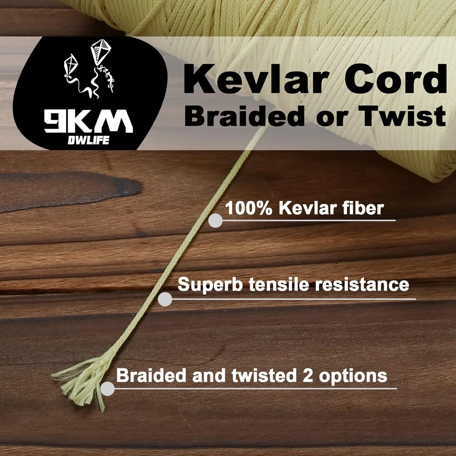 9KM DWLIFE Kevlar Kite String, 400lb 500Ft, Braided Kevlar Line, Low Stretch, High Strength, Heavy Duty, Fishing Assist Cord, Camping, Hiking, Outdoor Survival Rope