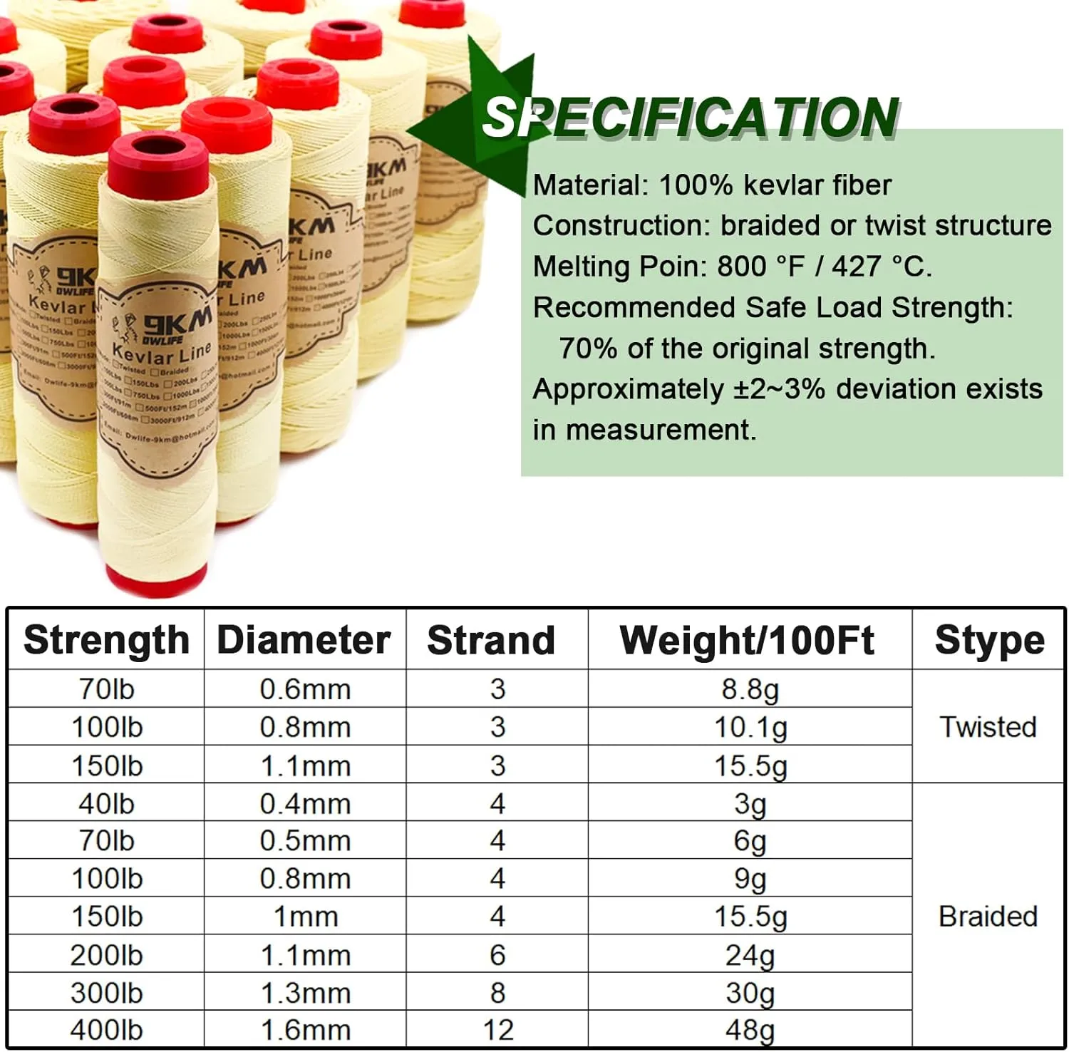 9KM DWLIFE Kevlar Kite String, 400lb 500Ft, Braided Kevlar Line, Low Stretch, High Strength, Heavy Duty, Fishing Assist Cord, Camping, Hiking, Outdoor Survival Rope