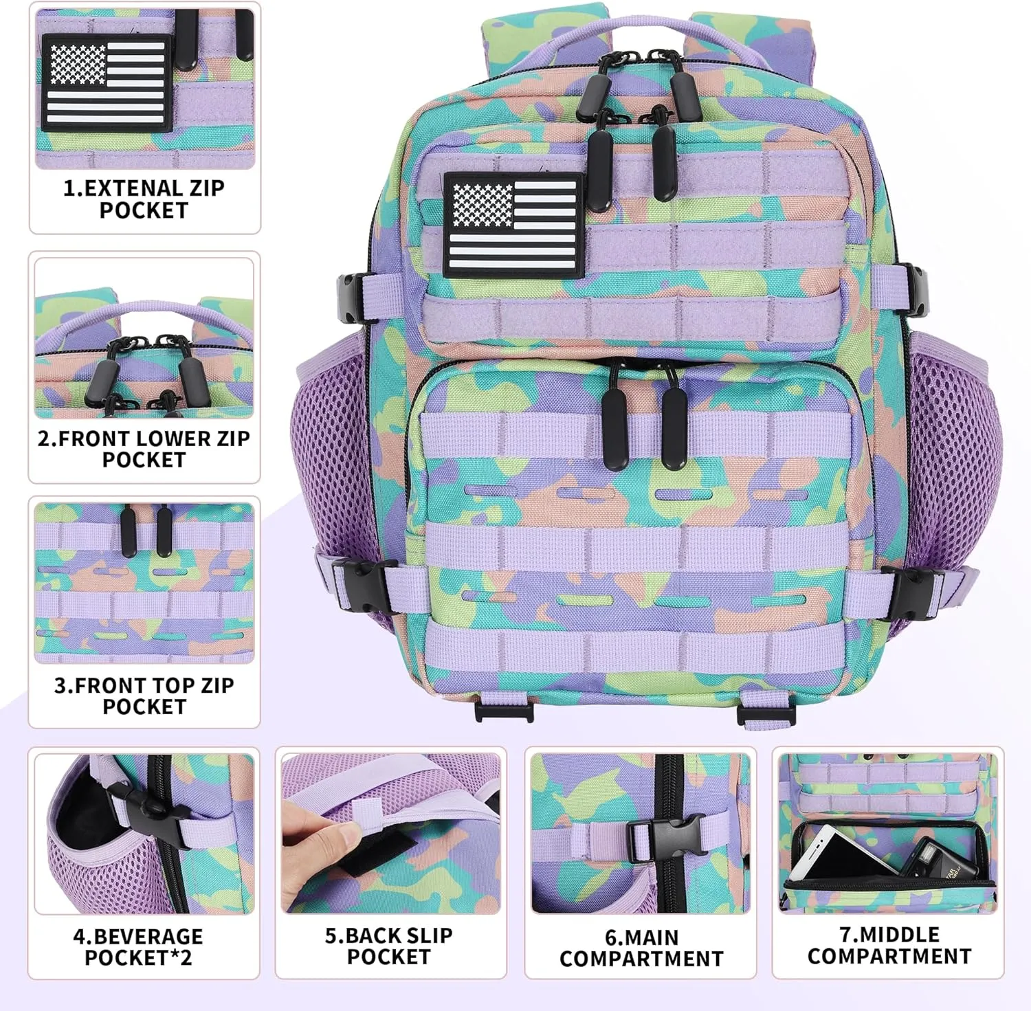 9L Tactical Assault Gym Backpack Hiking Travel Backpack Camping(Purple Green and Yellow)