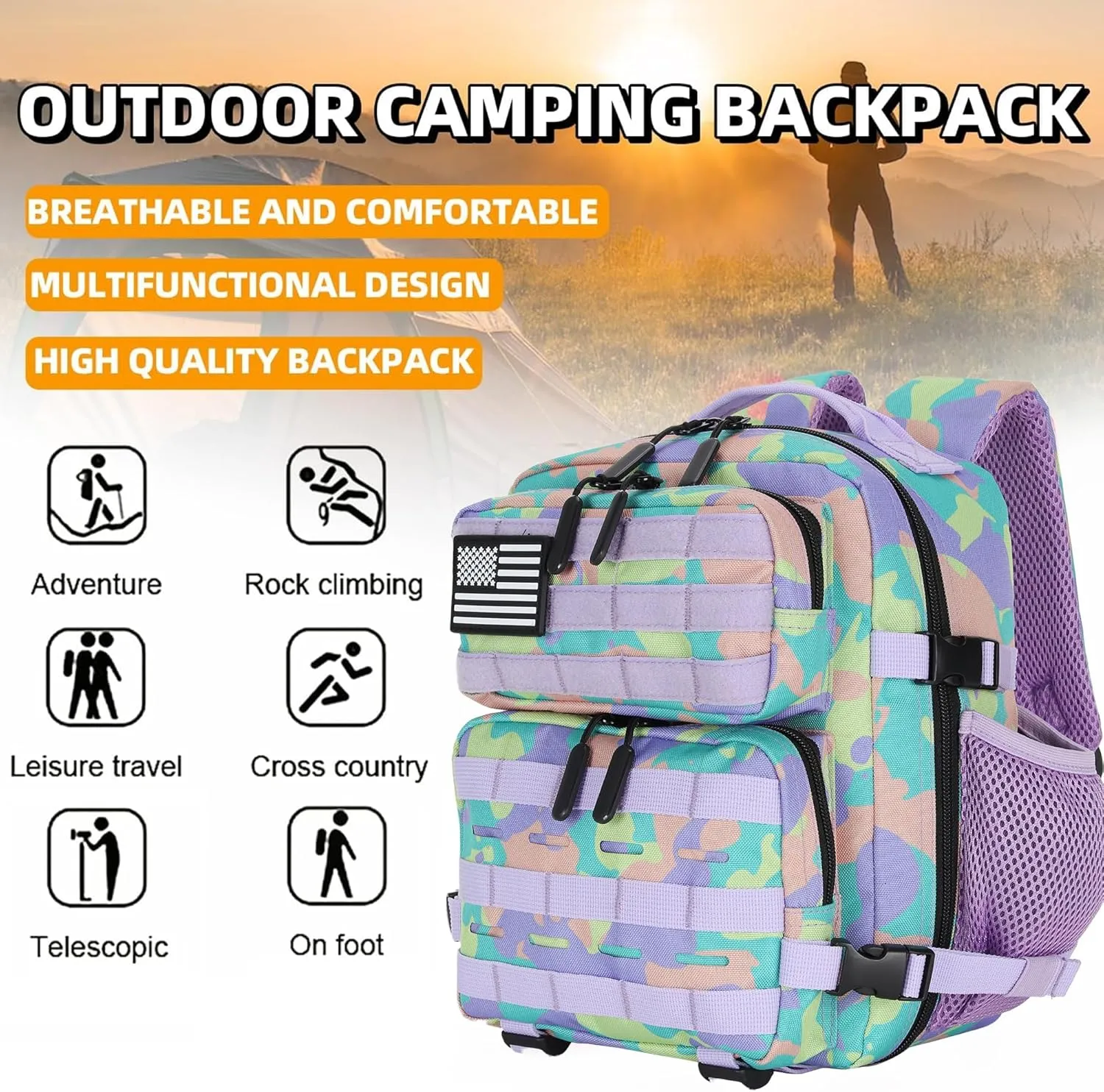 9L Tactical Assault Gym Backpack Hiking Travel Backpack Camping(Purple Green and Yellow)